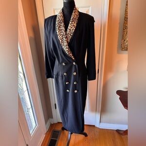 Danny & Nicole Black Front Button Dress with Leopard Print Buttons & Collar